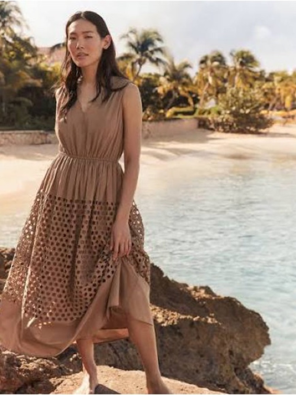 Haven Well Within Sleeveless Eyelet Midi Dress in Tan